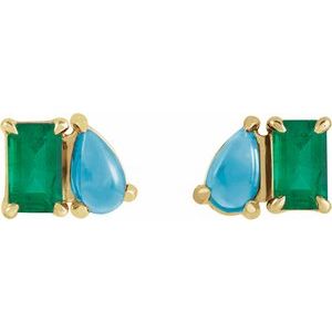 14K Yellow Lab-Grown Emerald & Natural Turquoise Two-Stone Stud Earrings