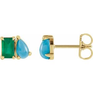 14K Yellow Lab-Grown Emerald & Natural Turquoise Two-Stone Stud Earrings