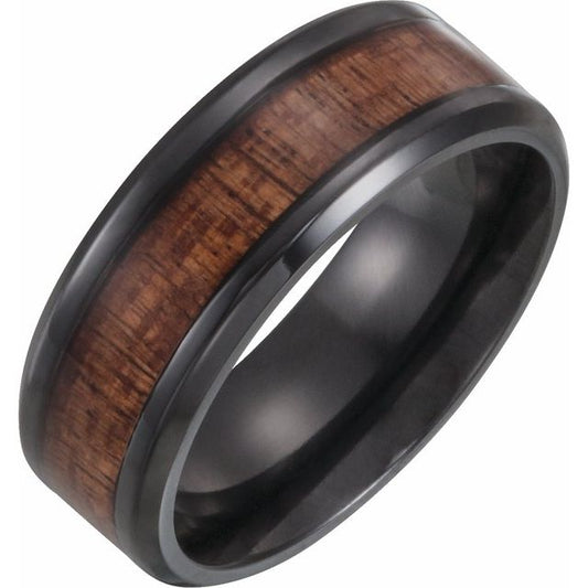 Black Titanium Beveled Edge Band with Hawaiian Koa Wood Inlay
