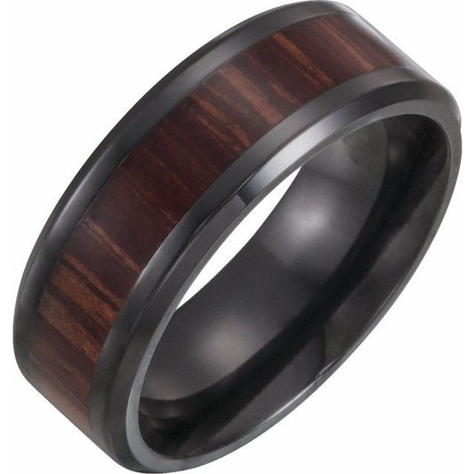 Black Titanium Beveled Edge Band with Wood Inlay