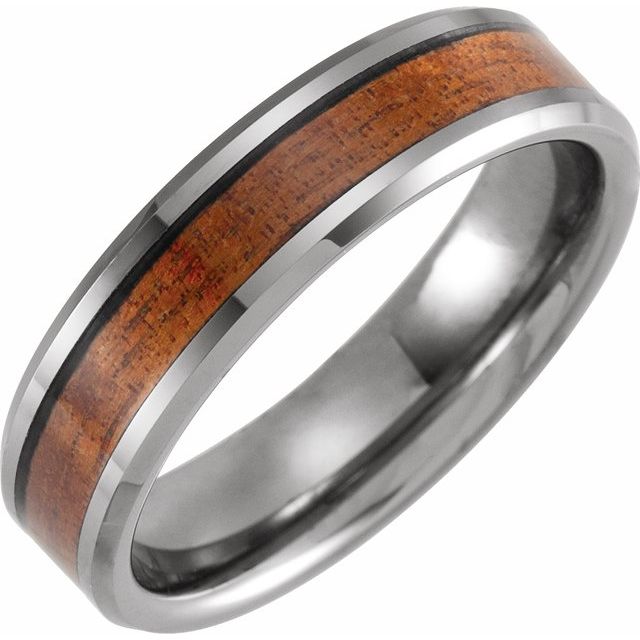 Tungsten Beveled Edge Band with Acacia Wood Inlay